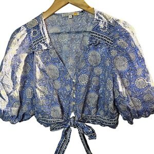 C&C California Blue Floral Linen Blend Puff Sleeve Tie Front Crop Top Med Boho